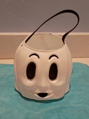 White Ghost Treat Bucket with Black Handle - Blow Mold Trick Or Treat Pail